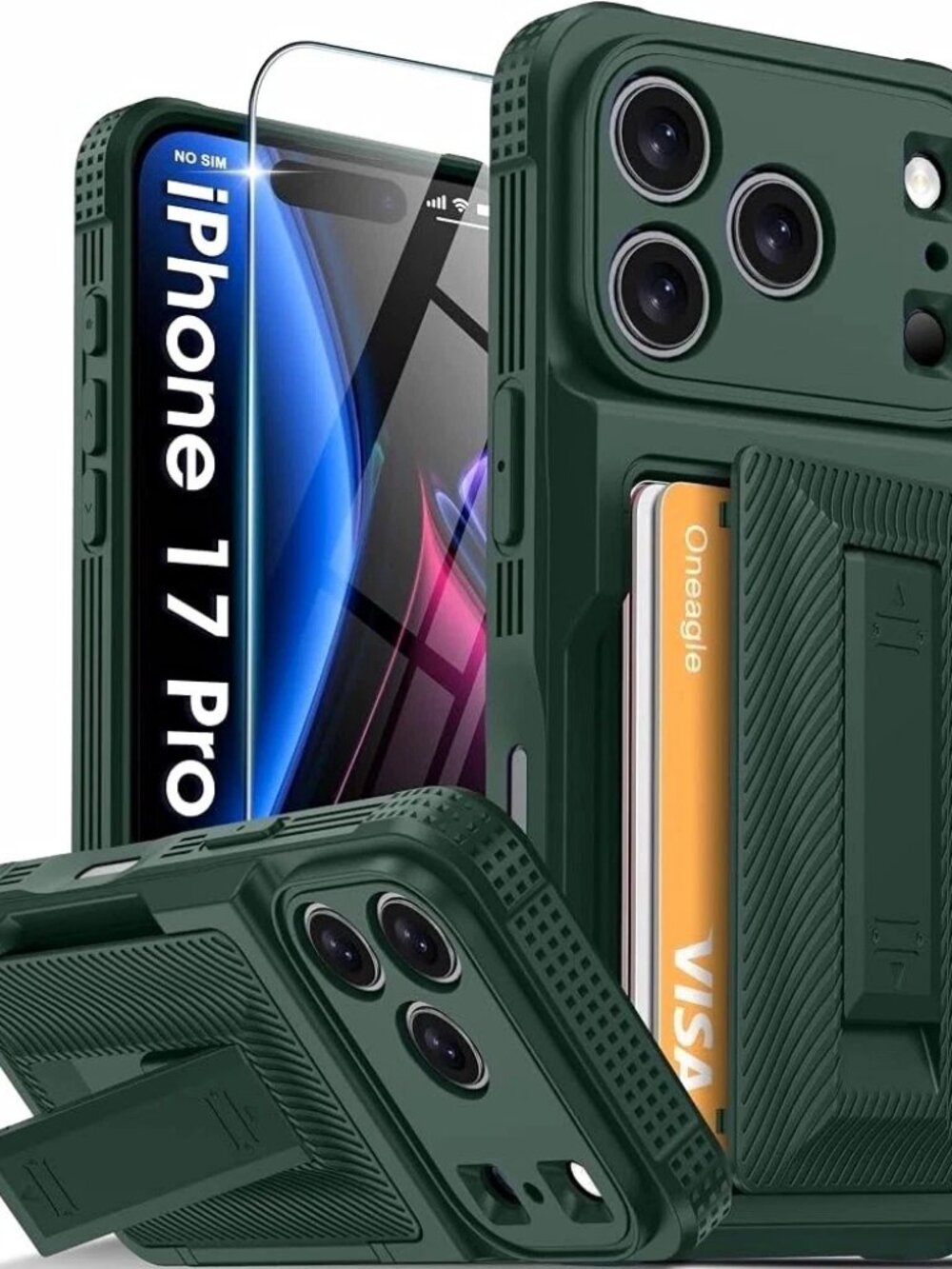 Rugged Case for iPhone 17 Pro Card Pocket RFID Kickstand Green